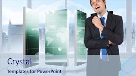  Presentation with design thinking - Theme having thinking businessman holding pen against blue wave design in a room background and a light blue colored foreground