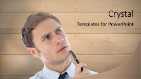  Presentation with bleached - Cool new slides with thinking businessman holding pen against bleached wooden planks background backdrop and a coral colored foreground