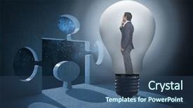  Presentation with light bulb idea invention presenter - PPT layouts consisting of thinking businessman in light bulb background and a ocean colored foreground
