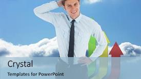  Presentation with server - Beautiful presentation design featuring thinking businessman scratching head against server hallway in the sky backdrop and a light blue colored foreground