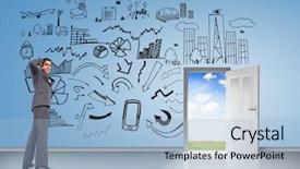  Presentation with open door - Cool new slide deck with thinking businessman scratching head against brainstorm on blue wall with open door backdrop and a light blue colored foreground