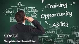  Presentation with green chalkboard - Audience pleasing theme consisting of thinking businessman scratching head against green chalkboard with business buzzwords backdrop and a tawny brown colored foreground