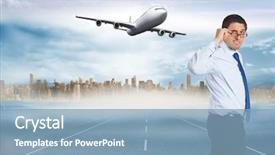  Presentation with horizon - Slide set with thinking businessman tilting glasses against large city on the horizon background and a light blue colored foreground