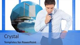  Presentation with windows - Beautiful PPT theme featuring thinking businessman touching his chin against bright blue room with windows backdrop and a light blue colored foreground