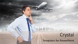  Presentation with horizon - Cool new slide set with thinking businessman touching his chin against cityscape on the horizon backdrop and a mint green colored foreground