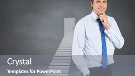  Presentation with steps - PPT layouts enhanced with thinking businessman touching his chin against shut door at top of steps background and a gray colored foreground