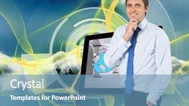  Presentation with structure design - Colorful PPT theme enhanced with thinking businessman touching his chin against yellow lines with cloud design on a futuristic structure backdrop and a teal colored foreground