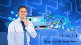  Presentation with design thinking - Audience pleasing slide deck consisting of thinking businessman touching his chin against futuristic glowing design backdrop and a light blue colored foreground