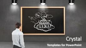  Presentation with thinking - Cool new PPT theme with thinking businessman touching his chin against blackboard with copy space backdrop and a dark gray colored foreground