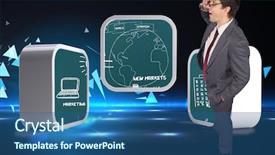  Presentation with technical - Presentation featuring thinking businessman touching his glasses against small pyramids on technical background background and a ocean colored foreground