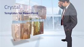  Presentation with windows - Amazing slide deck having thinking businessman touching his glasses against bright white room with windows backdrop and a sky blue colored foreground