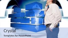  Presentation with structure design - Slide set consisting of thinking businessman touching his glasses against abstract cloud design in futuristic structure background and a teal colored foreground