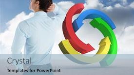  Presentation with landscape desert - PPT theme consisting of thinking businessman with hand on head against colorful arrows in a desert landscape background and a light blue colored foreground