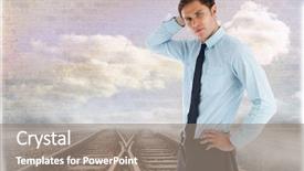  Presentation with tracks - Cool new theme with thinking businessman with hand on head against train tracks leading to brick wall with clouds backdrop and a gray colored foreground