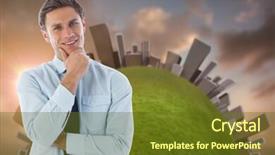  Presentation with blue orange - PPT theme consisting of thinking businessman with hand on chin against blue and orange sky with clouds background and a tawny brown colored foreground