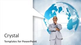  Presentation with blue global - Amazing presentation theme having thinking businessman with speech bubble against global business graphic in blue backdrop and a white colored foreground