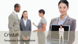  Presentation with coworkers - Slide deck enhanced with thinking businesswoman against businesswoman smiling showing a laptop screen with coworkers in the background background and a mint green colored foreground