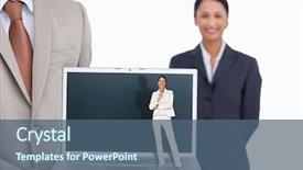  Presentation with salesman - Beautiful presentation theme featuring thinking businesswoman against laptop being presented by salesman with colleague behind him backdrop and a ocean colored foreground