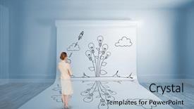  Presentation with doodle - Beautiful PPT theme featuring thinking businesswoman against large white screen showing doodle backdrop and a light blue colored foreground