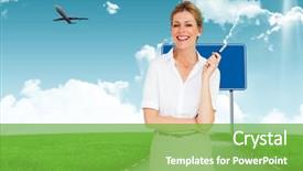  Presentation with thinking - Colorful presentation theme enhanced with thinking businesswoman against road leading out to the horizon backdrop and a seafoam green colored foreground