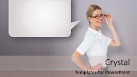  Presentation with bubble - Presentation enhanced with smiling woman wearing spectacles talking - thinking businesswoman against speech bubble background and a light gray colored foreground