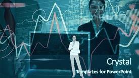  Presentation with shares - Cool new slide set with thinking businesswoman against stocks and shares on black background backdrop and a ocean colored foreground