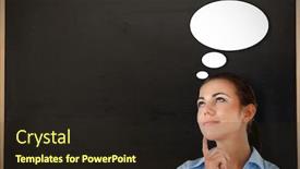  Presentation with upwards - PPT theme featuring thinking businesswoman looking upwards against chalkboard with wooden frame background and a wine colored foreground