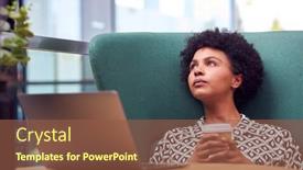  Presentation with thinking - PPT theme having thinking-businesswoman-using-laptop-working background and a tawny brown colored foreground