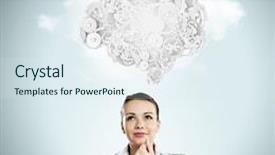  Presentation with gear - Colorful slide set enhanced with thinking businesswoman with gear mechanisms on her head backdrop and a sky blue colored foreground