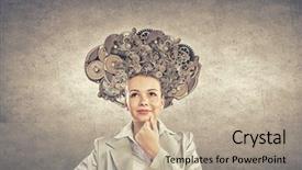  Presentation with gear - Audience pleasing PPT theme consisting of thinking businesswoman with gear mechanisms on her head backdrop and a mint green colored foreground
