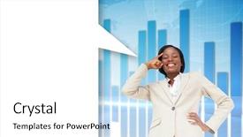  Presentation with blue global - Presentation design consisting of thinking businesswoman with speech bubble against global business graphic in blue background and a white colored foreground