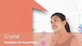  Presentation with design thinking - PPT theme having thinking businesswoman with speech bubble against digitally generated girly floral design background and a coral colored foreground