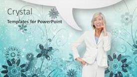  Presentation with design thinking - Audience pleasing presentation theme consisting of well designed stylish dark blue - thinking businesswoman with speech bubble backdrop and a white colored foreground