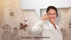  Presentation with design thinking - Amazing presentation theme having thinking businesswoman with speech bubble against digitally generated girly floral design backdrop and a coral colored foreground