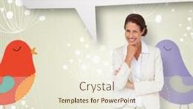  Presentation with design thinking - Presentation design featuring thinking businesswoman with speech bubble against feminine design of dandelions and birds background and a cream colored foreground