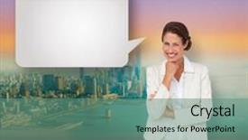  Presentation with bubble - Amazing slides having thinking businesswoman with speech bubble against city projection on wall backdrop and a seafoam green colored foreground