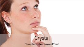  Presentation with decision - PPT theme consisting of thinking head - attractive young woman deliberates background and a  colored foreground