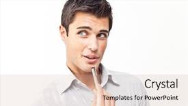  Presentation with pen - Presentation having thinking head - thoughtful attractive student holding background and a lemonade colored foreground