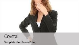  Presentation with headache - Theme featuring thinking head - young business woman with headache background and a  colored foreground