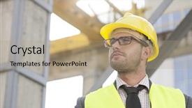  Presentation with construction site construction - PPT theme consisting of thinking head - young male architect wearing hard background and a coral colored foreground