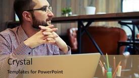  Presentation with glasses - Beautiful theme featuring thinking man - serious businessman with glasses sitting backdrop and a coral colored foreground