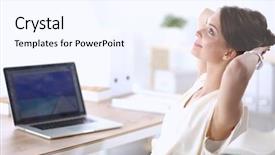  Presentation with thinking - Colorful PPT theme enhanced with thinking office worker day dreaming backdrop and a sky blue colored foreground