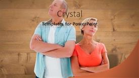  Presentation with older couple - Beautiful presentation featuring thinking older couple with arms crossed against bleached wooden planks background backdrop and a coral colored foreground