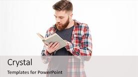  Presentation with young man on the phone - Beautiful PPT theme featuring thinking people - thoughtful young man standing backdrop and a light gray colored foreground