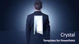  Presentation with businessman standing on maze - PPT theme enhanced with thinking with an open door background and a navy blue colored foreground