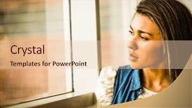  Presentation with alone - Amazing theme having thinking woman - pretty brunette sitting alone unsmiling backdrop and a lemonade colored foreground