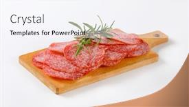  Presentation with sliced fresh papaya on wooden - Colorful presentation enhanced with thinly-sliced-salami-sausage backdrop and a sky blue colored foreground