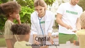  Presentation with poor child - PPT layouts with third - volunteer doctor measuring blood pressure background and a coral colored foreground