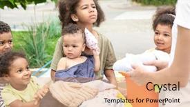  Presentation with poor children - Amazing slide deck having third - volunteer sharing clothes and toys backdrop and a coral colored foreground