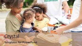  Presentation with african children - Slides having third world country - volunteers sharing clothes and toys background and a coral colored foreground